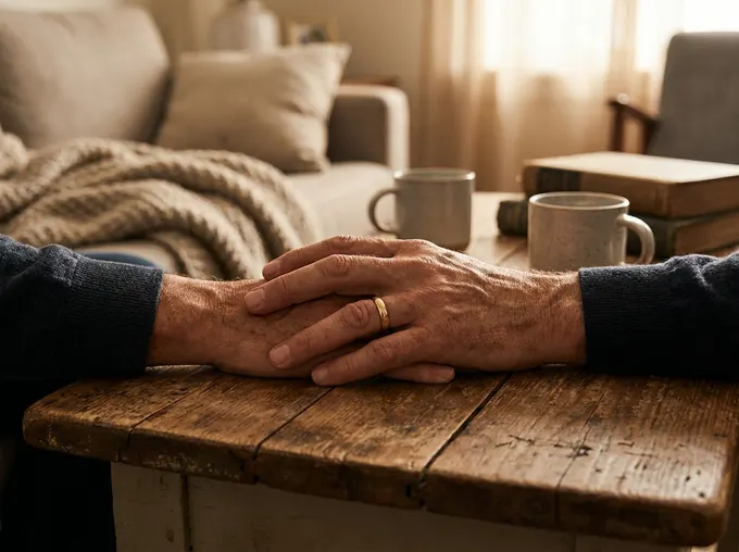 A senior couple's hands resting together on a table at home