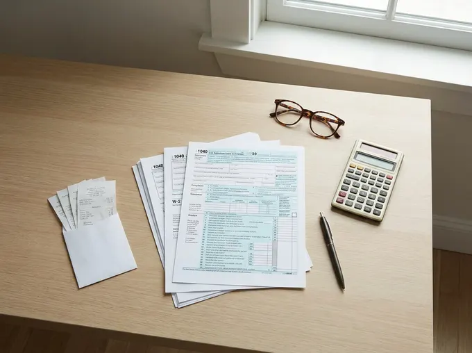 Federal tax forms, a calculator, and reading glasses on a desk